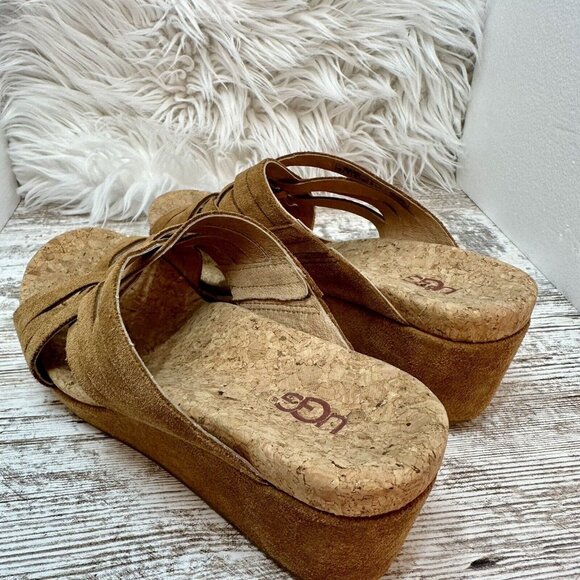 UGG Sandals Size 6.5  Nubuck Tan Lilah Strappy Suede Cork Wedge Hot! - Picture 7 of 12